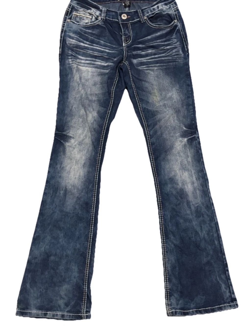 Arlya Y2K Low Rise Flare Leg Heavy Stich Med/Dark Wash Blue Jeans SZ. 5/6